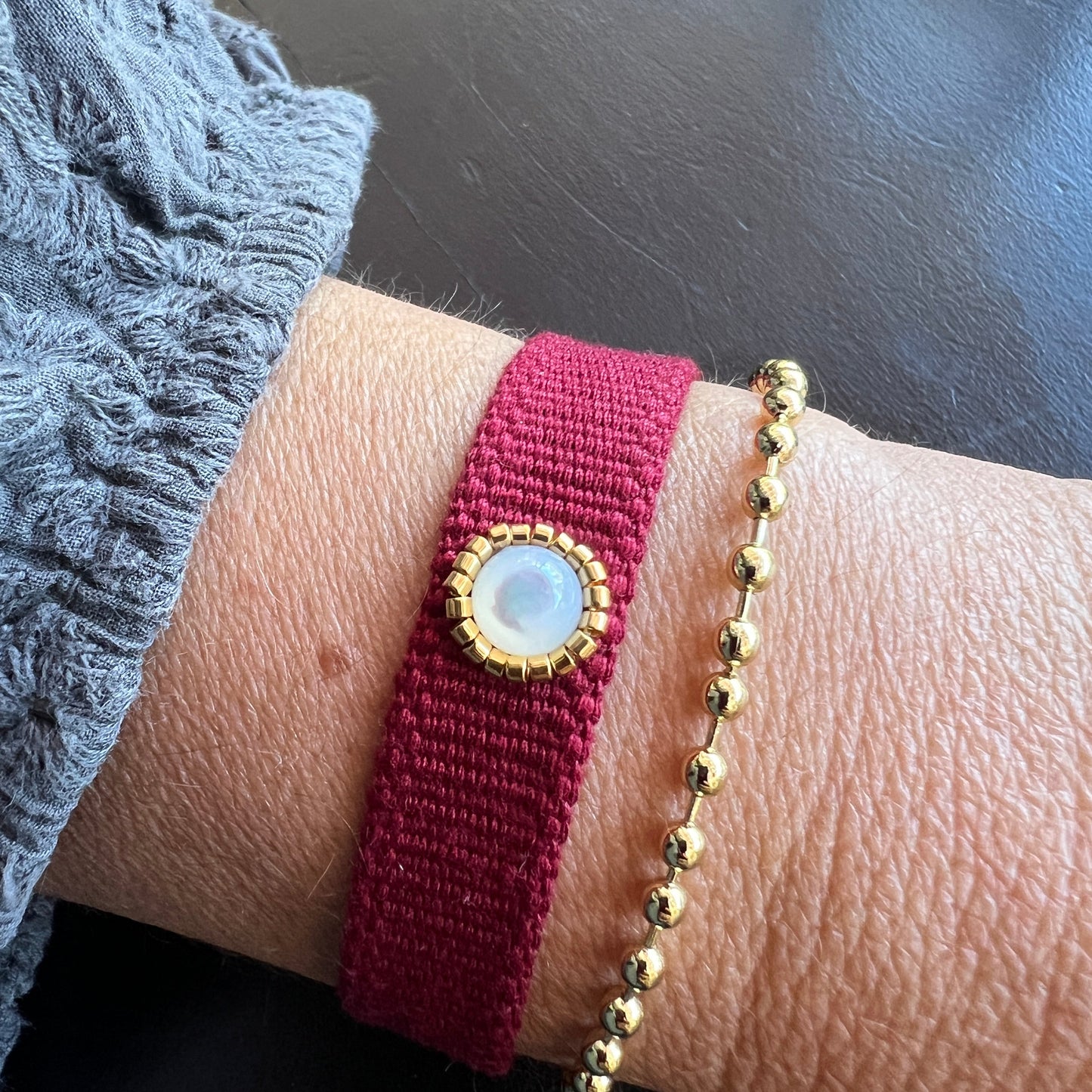 Pulsera cinta algodón piedra nacar